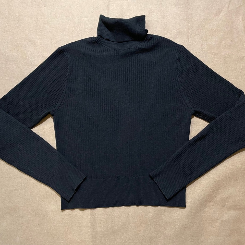 J Crew Tencel Lyocell Blend Turtleneck Sweater L Black Ribbed Stretch Capsule
